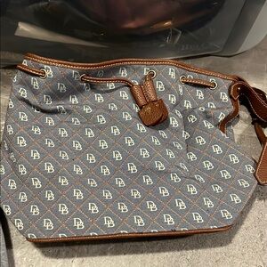 Gray Monogrammed Shoulder Bag with Brown Leather Accents